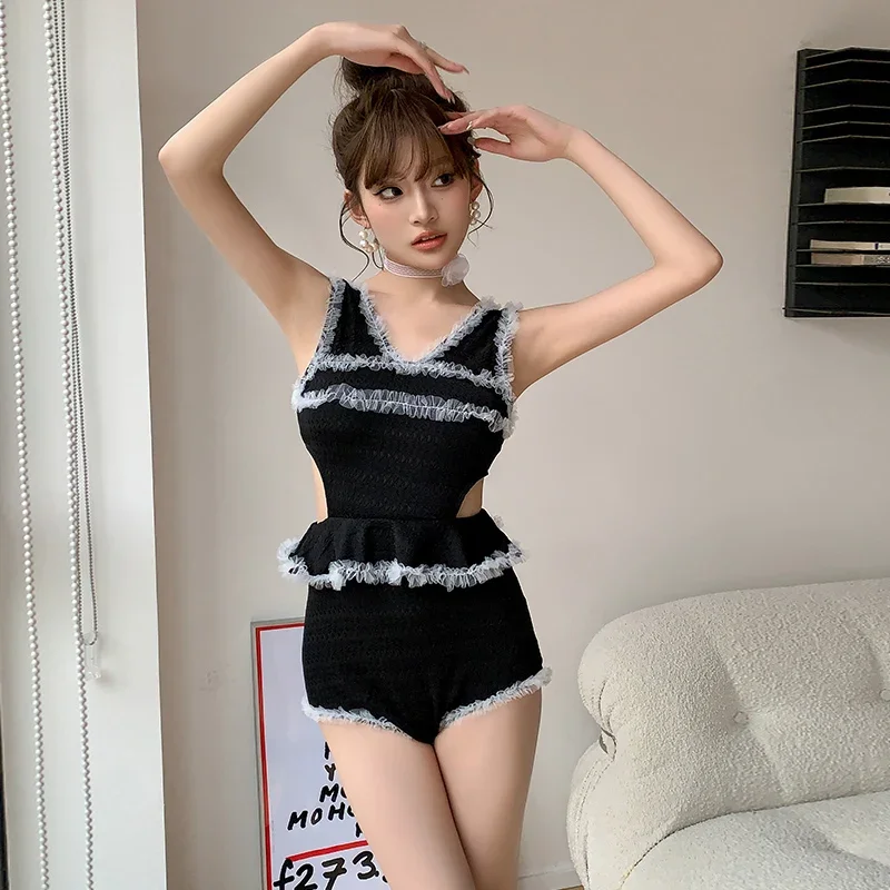 

Hot Spring Swimming Suit Women's One Piece Sexy Black Slimming Covering Belly Sunscreen Cover Two Piece Set Korean Instagram