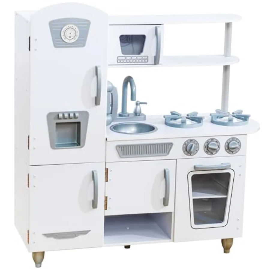 

Vintage wooden play kitchen for kids, white finish, with pretend ice maker and play phone durable, realistic, and interactive
