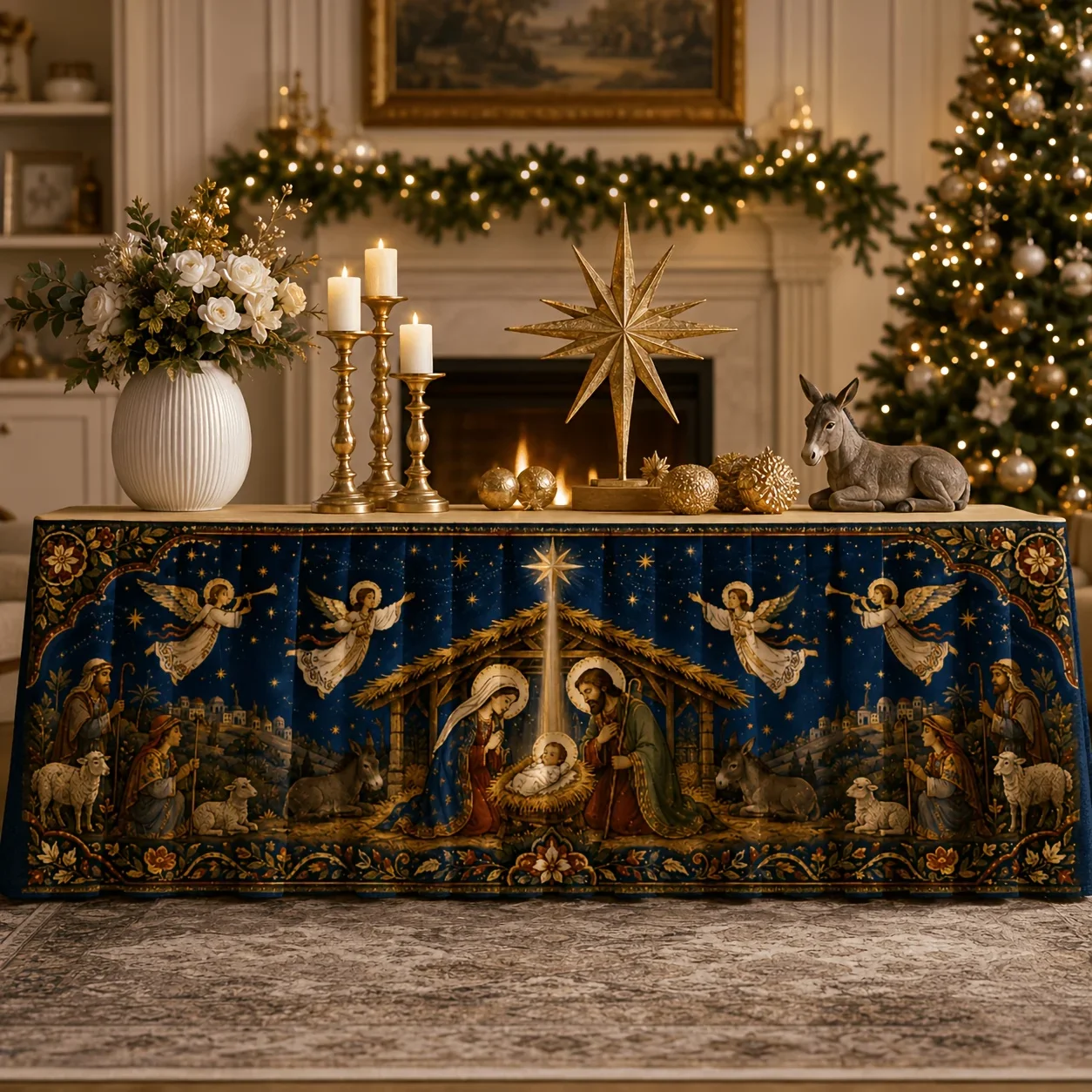 1 tablecloth table skirt, folk art nativity scene Star of Bethlehem, floral border print decoration