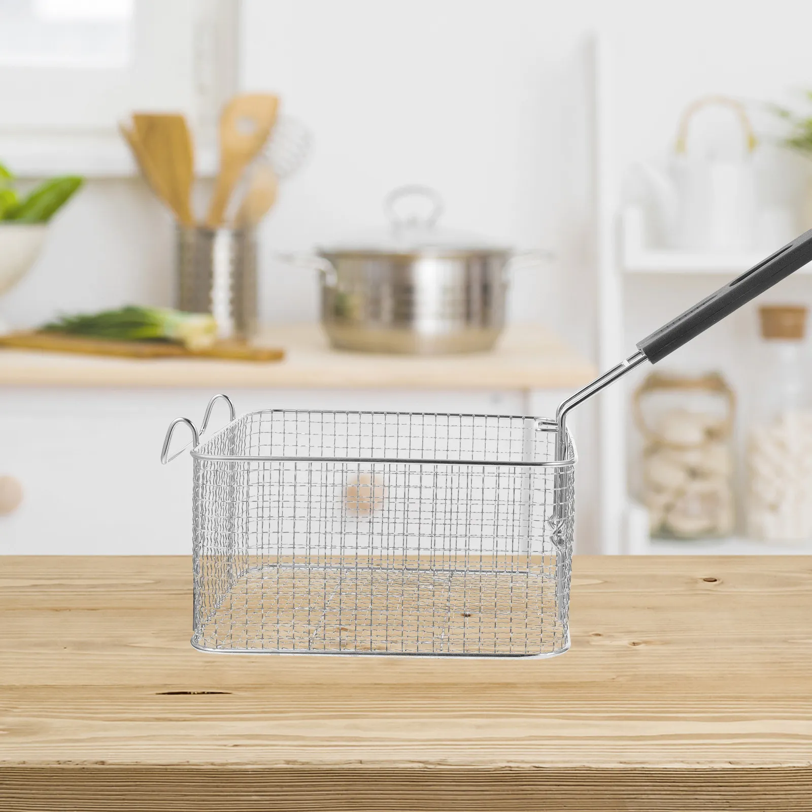 Cesta de acero inoxidable para freír con mango ergonómico, cesta de malla de gran capacidad para freír al por mayor, para alitas de pollo, papas fritas, pescado