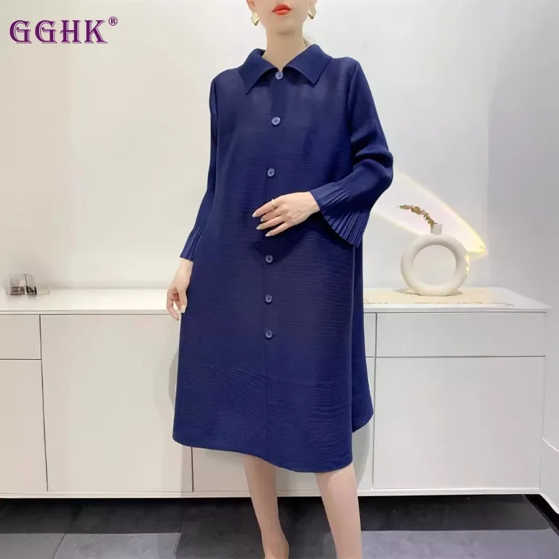 GGHK Pleated Women Casual Dress 2024 Summer New Solid Color Lapel Single Breasted Design Fashion Dresses Everyday Clothes