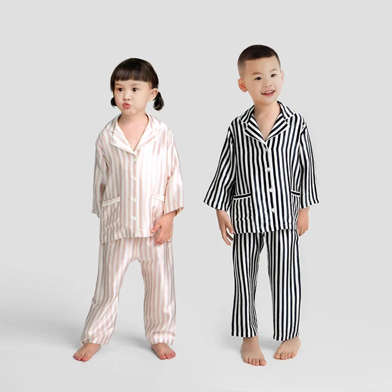 

Long Striped Pure Silk Pajamas for Children Gilrs Sleepwear Pijamas Teenage Boys Night Suits Mulberry Silk Pajama Sets for Kids