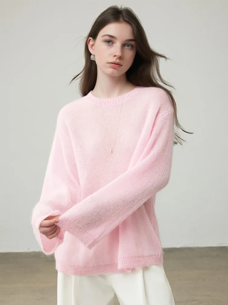 

Autumn Women Mohair Wool Sweaters Round Neck Loose Soft Long Sleeve Knitted Sweater