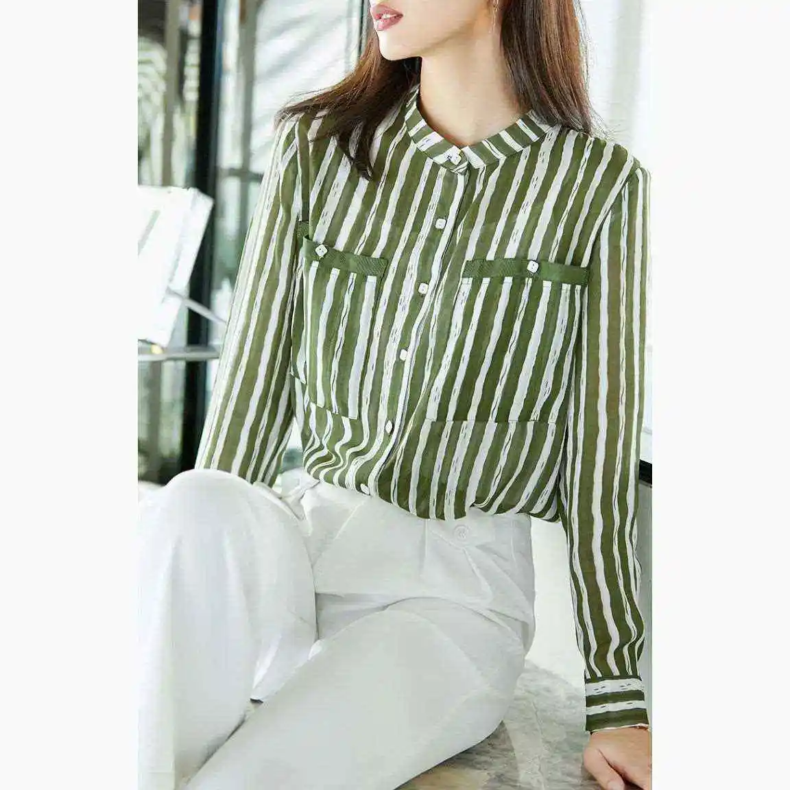

Women's Vertical Striped Chiffon irt Long Sve Spring Season Korean Sle Straight Cut Knot Cold oulder Warmt...