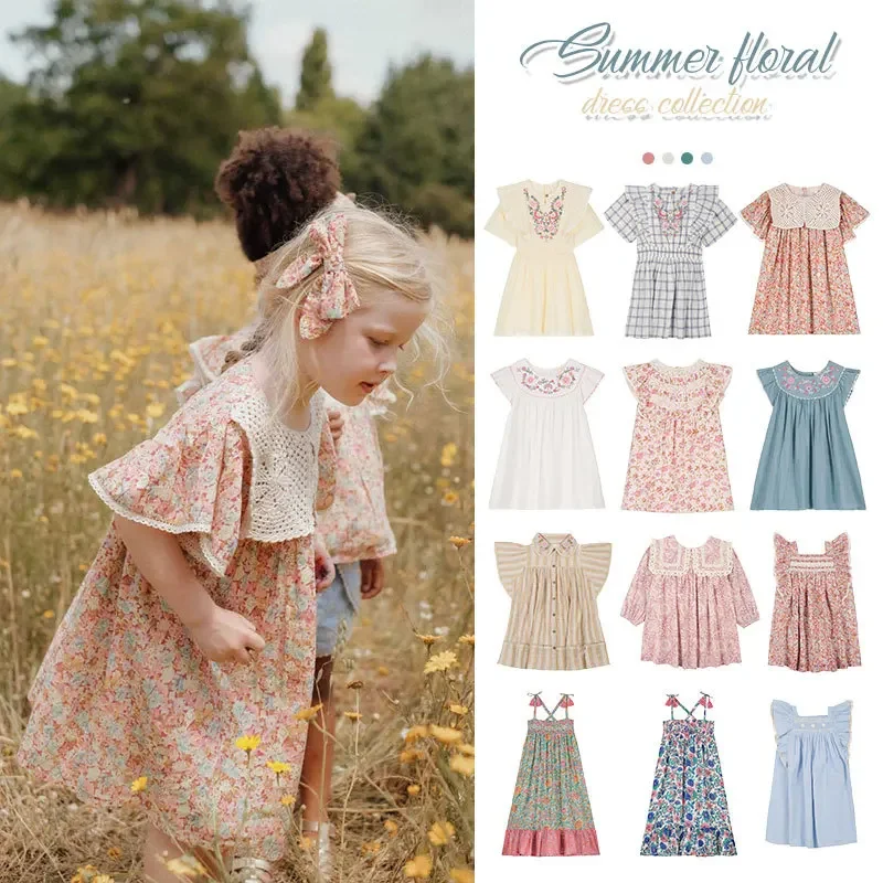 

In stock! Children's Dress 2024 Summer Girls Louise Misha Summer Vacation Floral Flip Collar Lace Edge Dress