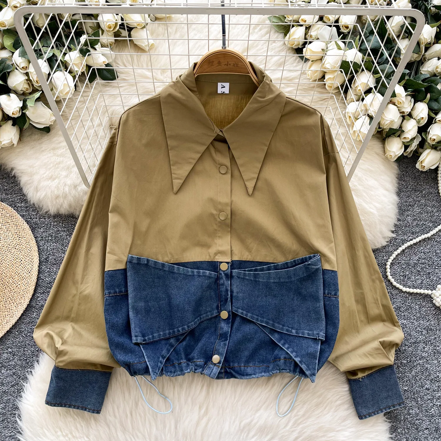 Spring Fashion Korean Style Women's Casual Trendy Turn-down Collar Long Lantern Sleeve Jean Spliced Shirts Female Tops Clothes