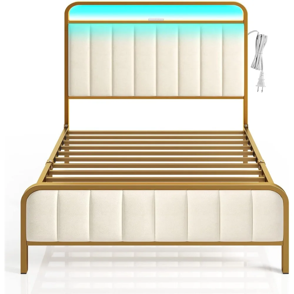 Easy Assembly Kids Bed Frame Twin Size Bed Frame With LED Light and Charging Station Noise Free Metal Slat Golden Bases & Frames