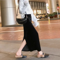 Black Velour Skirts Women's Spring Autumn Velvet Split Pencil Skirt Ladies Elastic High Waist Elegant Ankle Lenth Skirt