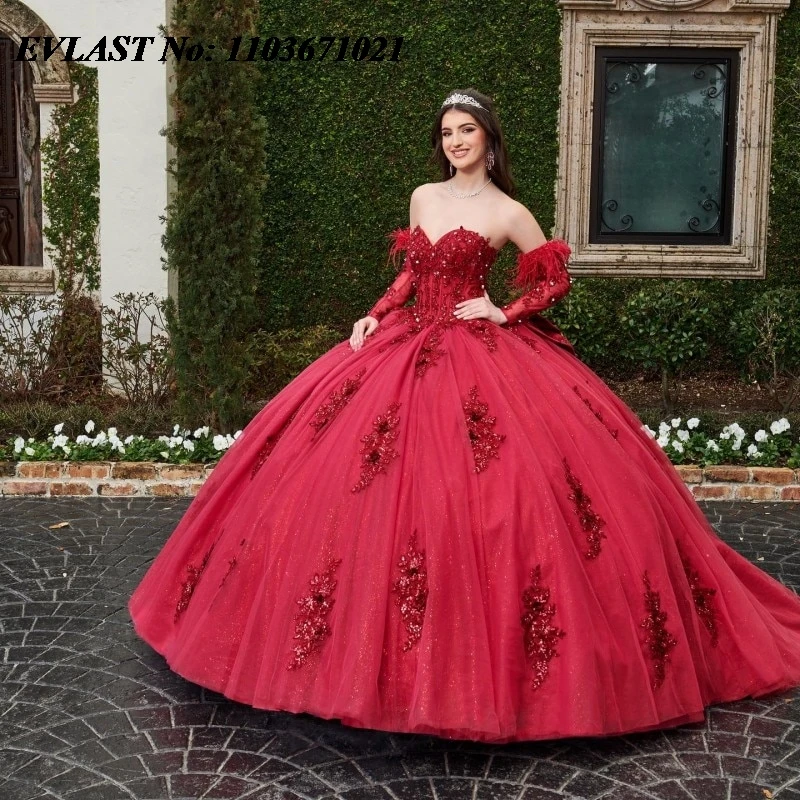 

EVLAST Glitter Red Ball Gown Quinceanera Dress Long Sleeve 3D Floral Lace Applique Beaded Corset Sweet 16 Vestidos De Anos SQ398