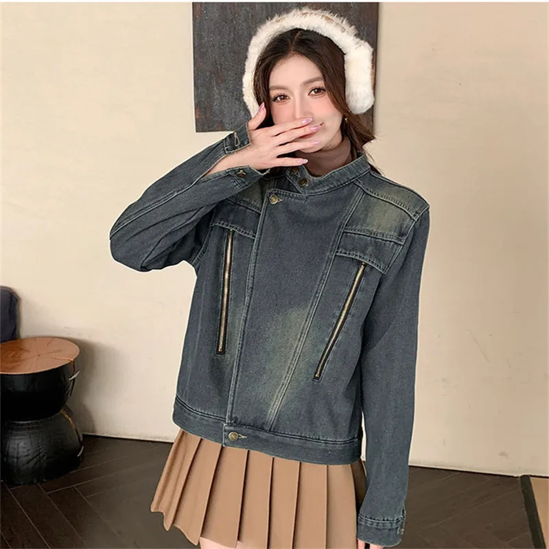 Moda gola alta denim jaqueta feminina novo outono inverno vintage mangas compridas jeans casaco feminino solto roupas de cowboy t1437