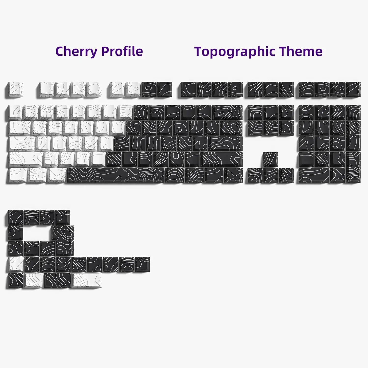 Double Shot PBT keycaps,White Black Topographic keycaps,Dye-sub keycaps Shine Through,Side Print Keyboard caps,dye Sublimation,C