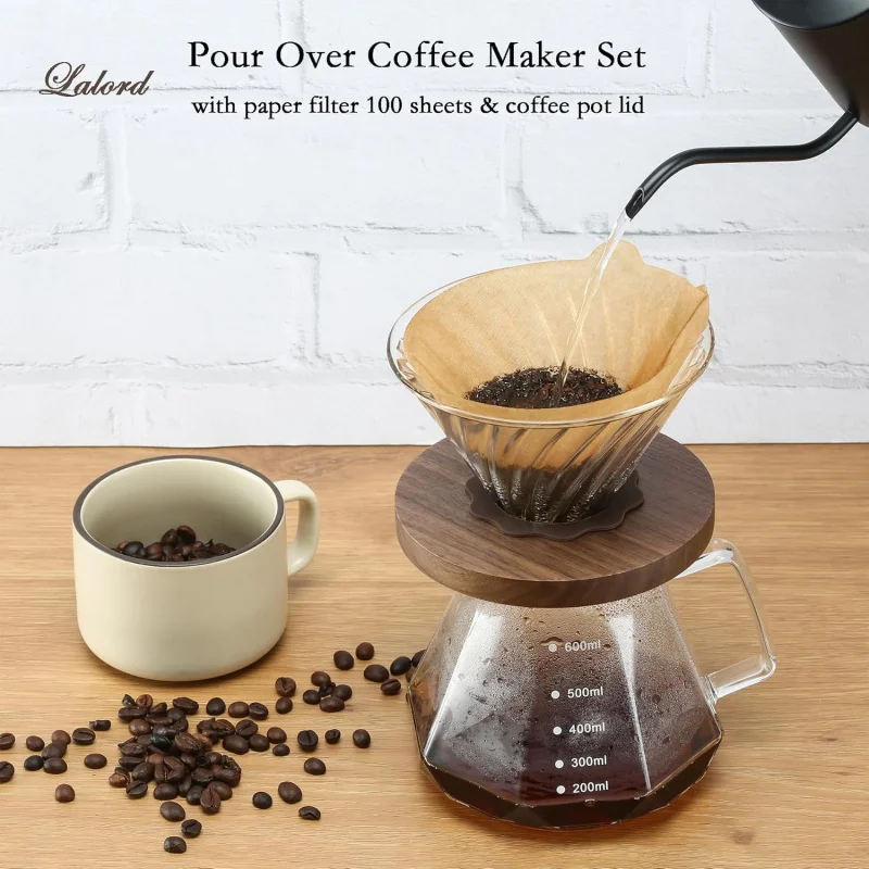 

Glass coffee filter cup shared pot 100 V60 paper filters, walnut handle and glass cover, for home dining, camping, 600ml