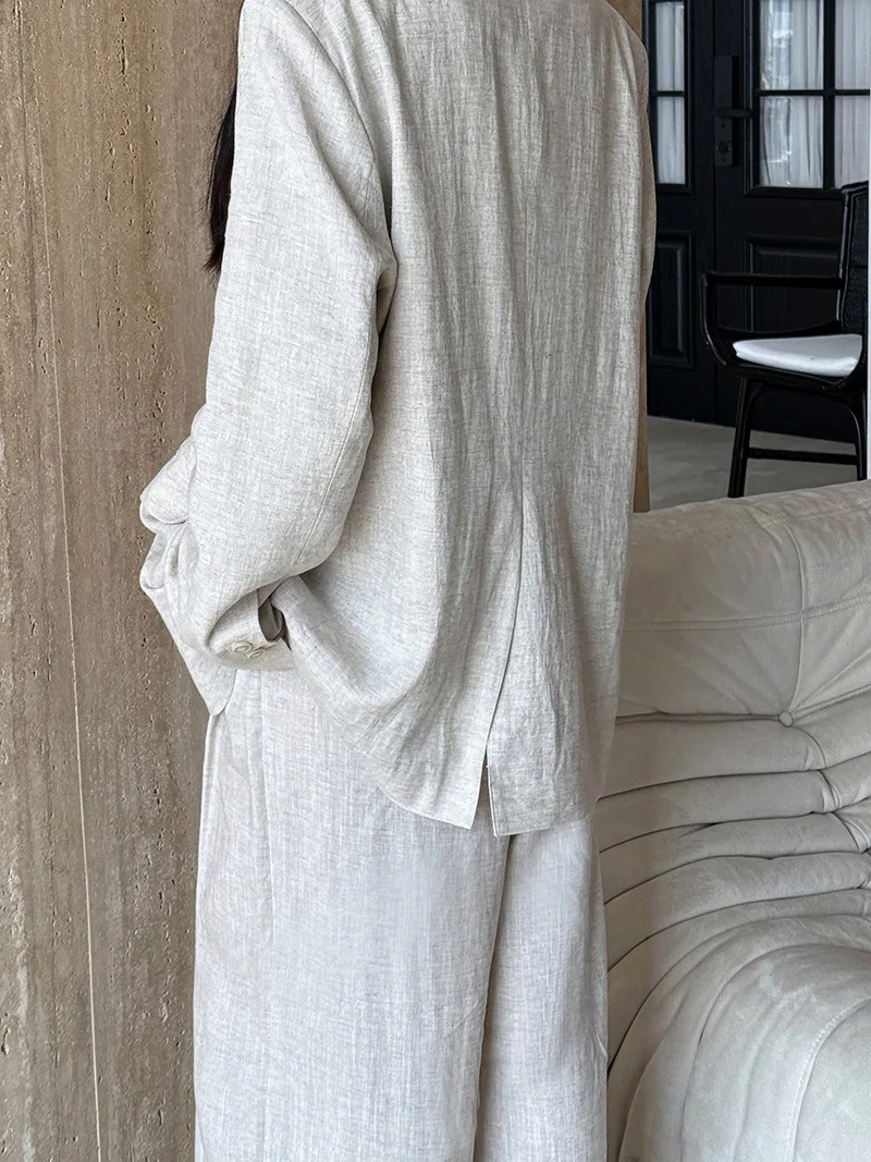 Otoño de alta gama Material de lino Blazer chaqueta conjuntos mujeres 2025 novedad de verano suelta pierna ancha pantalón Casual ropa de mujer Oficina señora