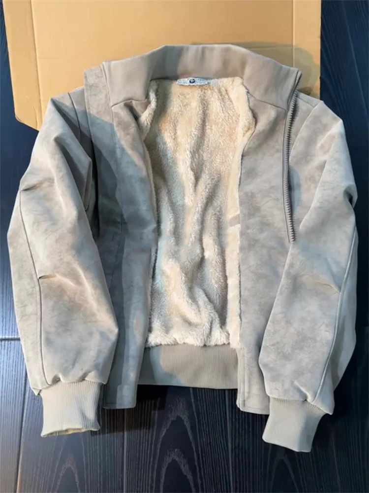 

American Dyed PU Leather Jaet Men's Winter Fce Lined Stand Collar Motorcycle Sle Coat Thiened Long Sve