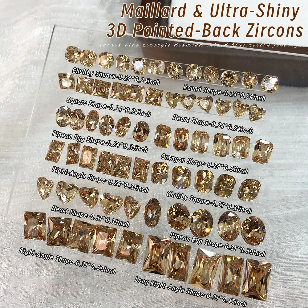 10Pcs Sparkle Champagne Zircon Diamond Crystal Nail Rhinestones 3D Heart/Square/Rectangle Glass Stone Gem Manicure Decoration