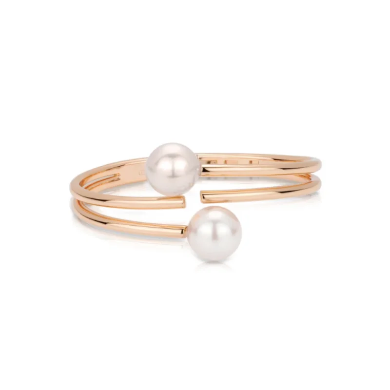 Cameo 925 Silver Synthetic Zircon Bracelet Champagne Gold Plated White Round Shell Pearl Double Layer Open Bracelet for Women