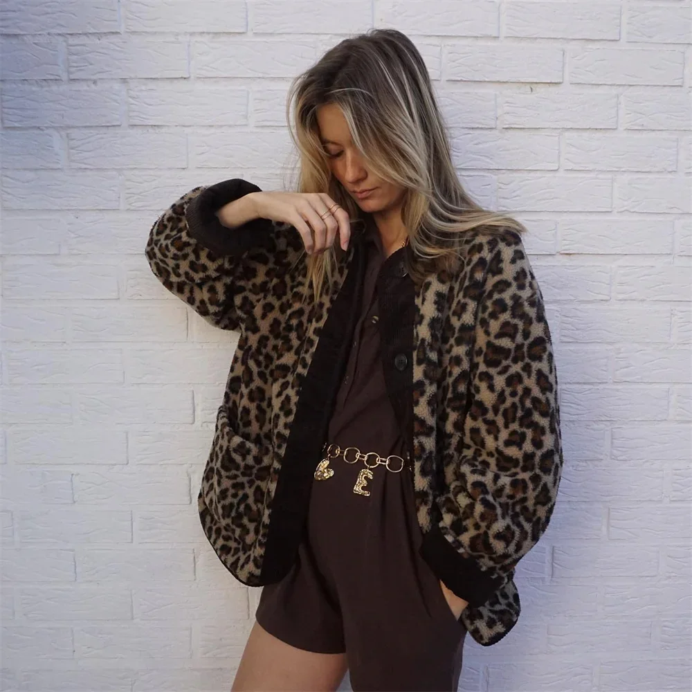 Women\'s Fashion New Unique Round Neck Single breasted Leopard Pattern Lamb Wool Coat