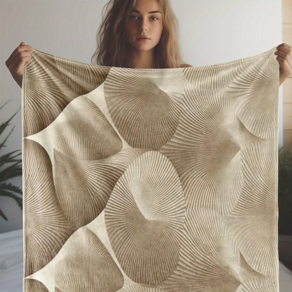 Modern Abstract Fan Shell Line Geometric Fleece Blanket Beige Neutral Throw Blankets Soft Warm Bedding for Sofa Bed Home Decor