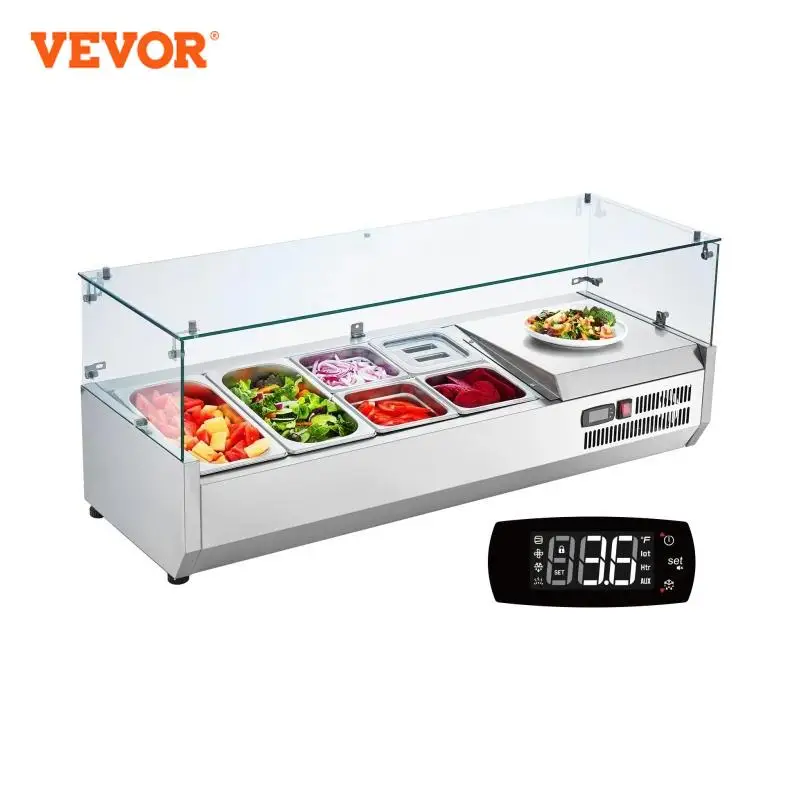 محطة إعداد البهارات المبردة على سطح الطاولة VEVOR 304 غطاء من الفولاذ المقاوم للصدأ للجسم والكمبيوتر الشخصي، طاولة إعداد الساندويتش مع واقي زجاجي