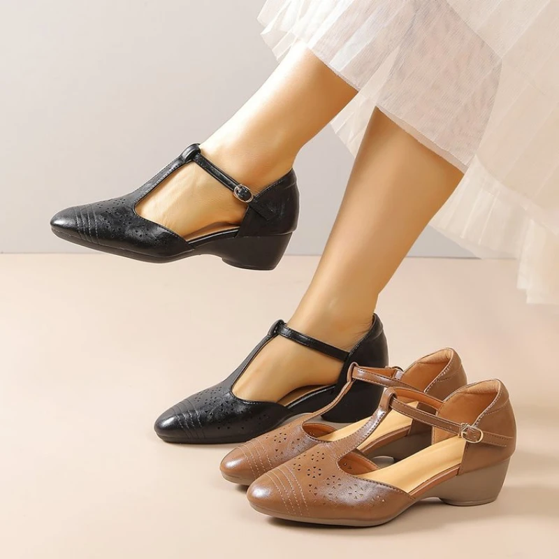 Damen Retro-Loafer mit Ausschnitten in Übergröße, verstellbare T-Riemen-Pumps für den Sommer, Alltag und Pendeln – Detail 2