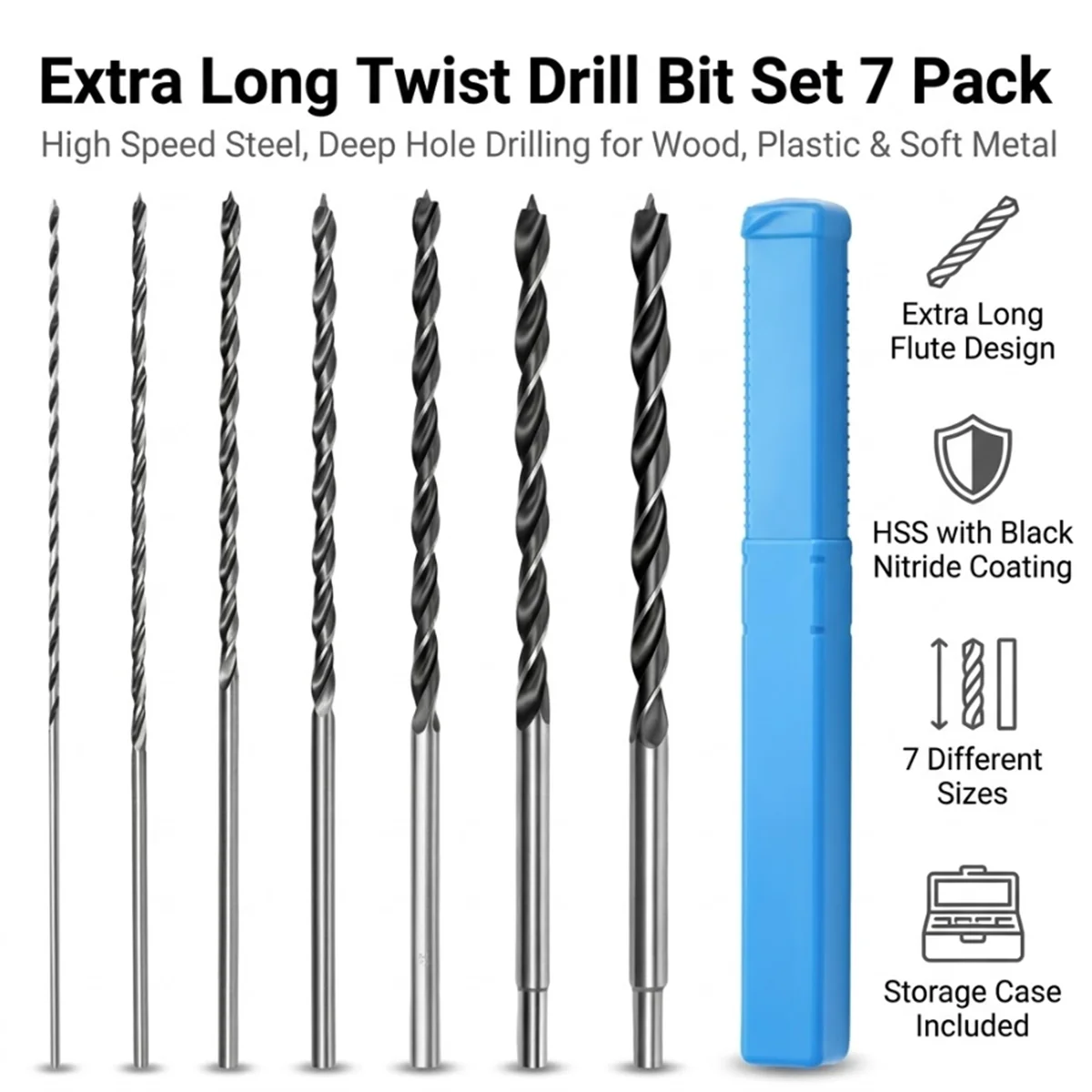 7Pcs 12 Inch Brad Point Drill Bit Set Extra Long Woodworking Hole Cutter Alloy Steel For MDF PVC Plastic Rubber Bench Hand Tools