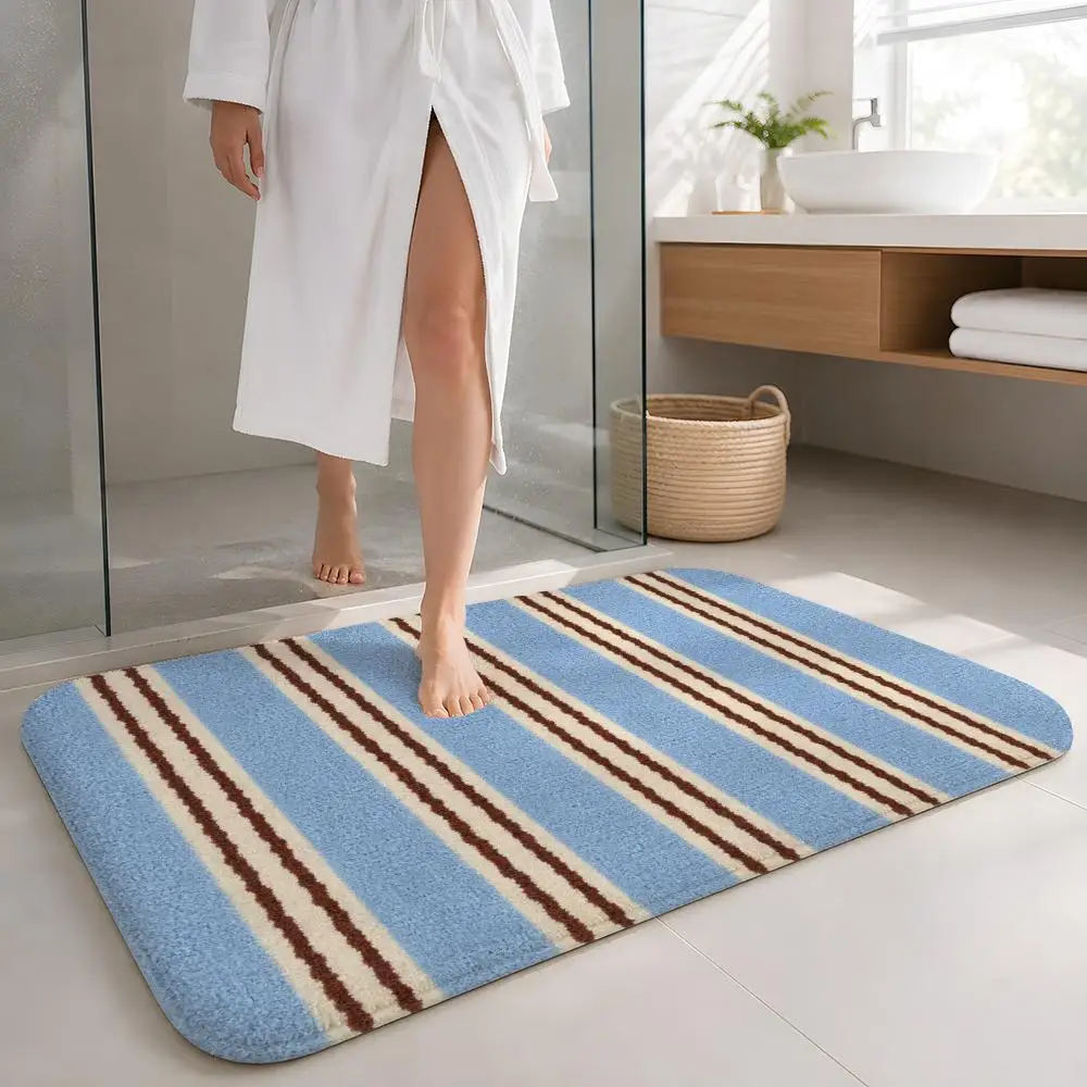 Soft Colored Striped Textures Floor Mat Flannel Rug Non Slip Absorbent Soft Washable For Entryway Hallway Bathroom Kitchen Decor