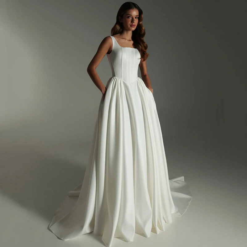 

Eightree Women A-Line Wedding Dresses Square Collar Corset Back Satin Bridal Dress Princess Wedding Ball Prom Gowns Customized