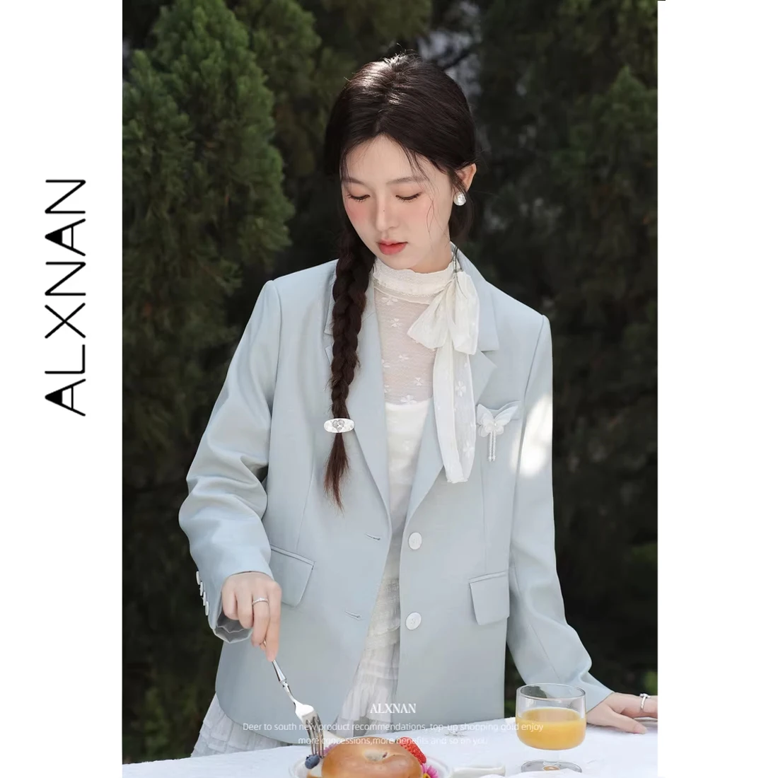 ALXNAN Blue Blazer Women 2026 Spring New Office Commute Elegant Casual Coat Fashion Female Suits with Butterfly Accessory L61922