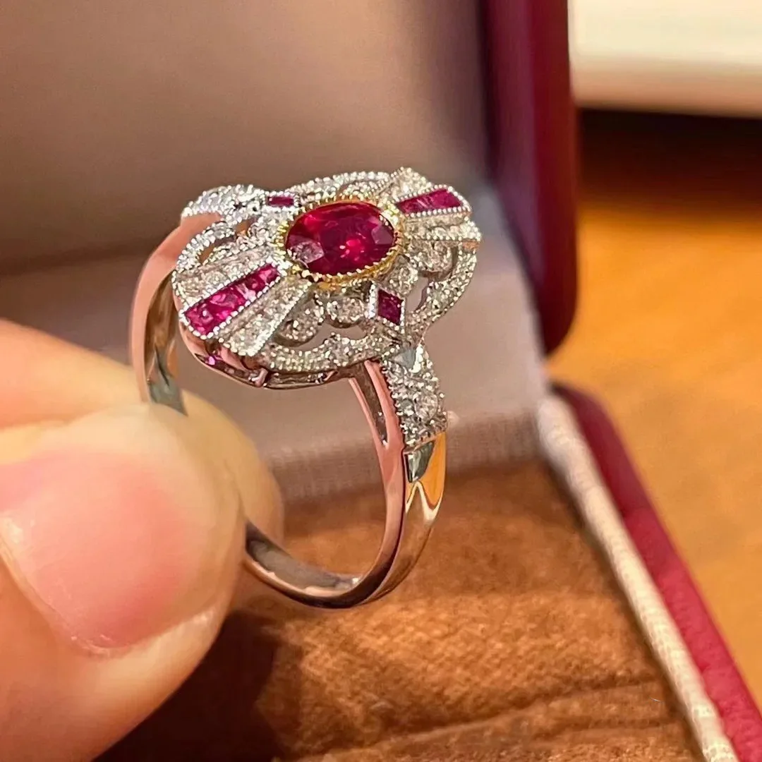 Foydjew Vintage Edward Artdeco desain dua warna cincin emas bertatahkan simulasi merpati darah merah Ruby cincin korundum merah untuk wanita