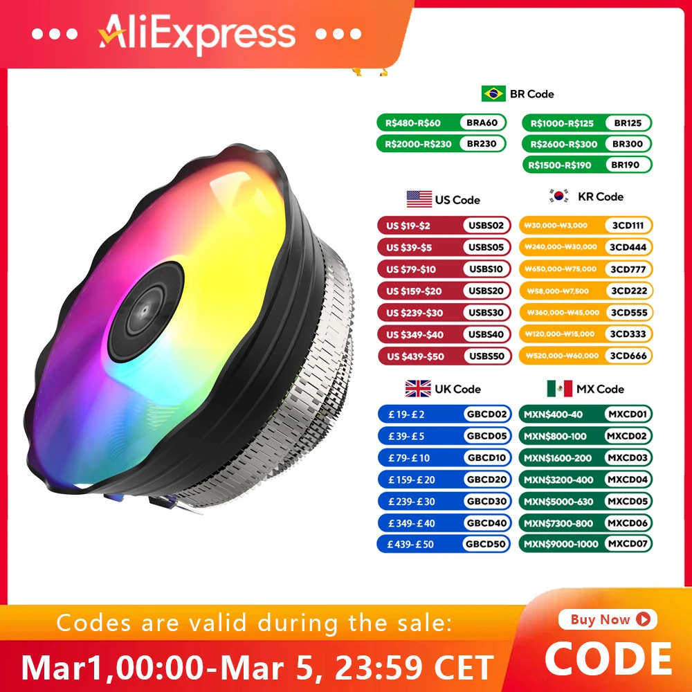 Aigo S3 CPU Cooling Processor Air Cooler Fan RGB PWM Hielera Intel LGA 1155 1700 1200 1151 AMD AM3 AM4 PC Gamer Led Fan 120mm