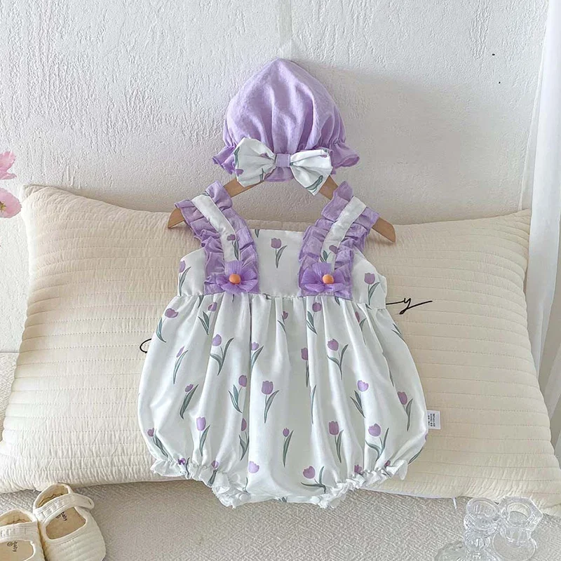 

Новинка 2026: Летний комбинезон-боди для девочек с шапочкой, без рукавов, из хлопка с принтом, для малышей 0-24 месяцев, одежда для девочек