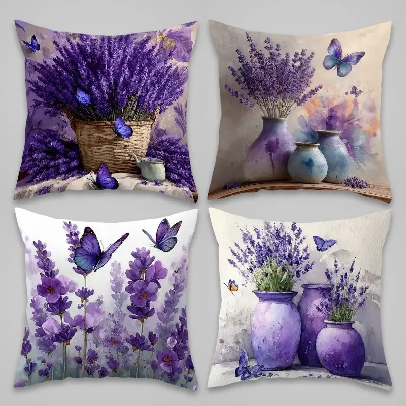Boho Lavender Flower Pillowcase Cover Set 4pcs 45x45cm Watercolor Cottagecore Print Cushion for Bedroom Home Decor
