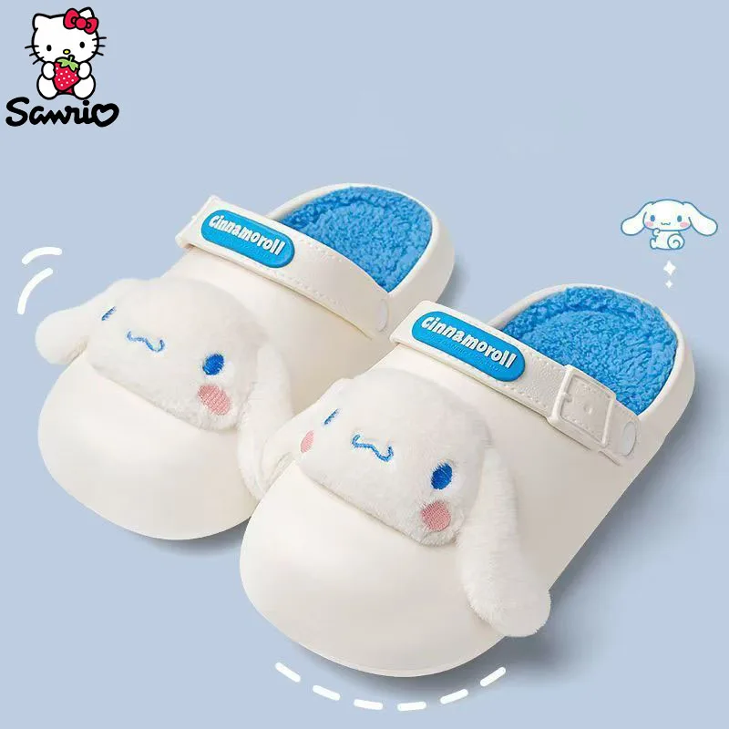 Kawaii Sanrio Hello Kitty Kuromi kapcie damskie Cinnamoroll Cartoon śliczne wodoodporne miękkie futro ciepłe kryty buty domowe klapki japonki