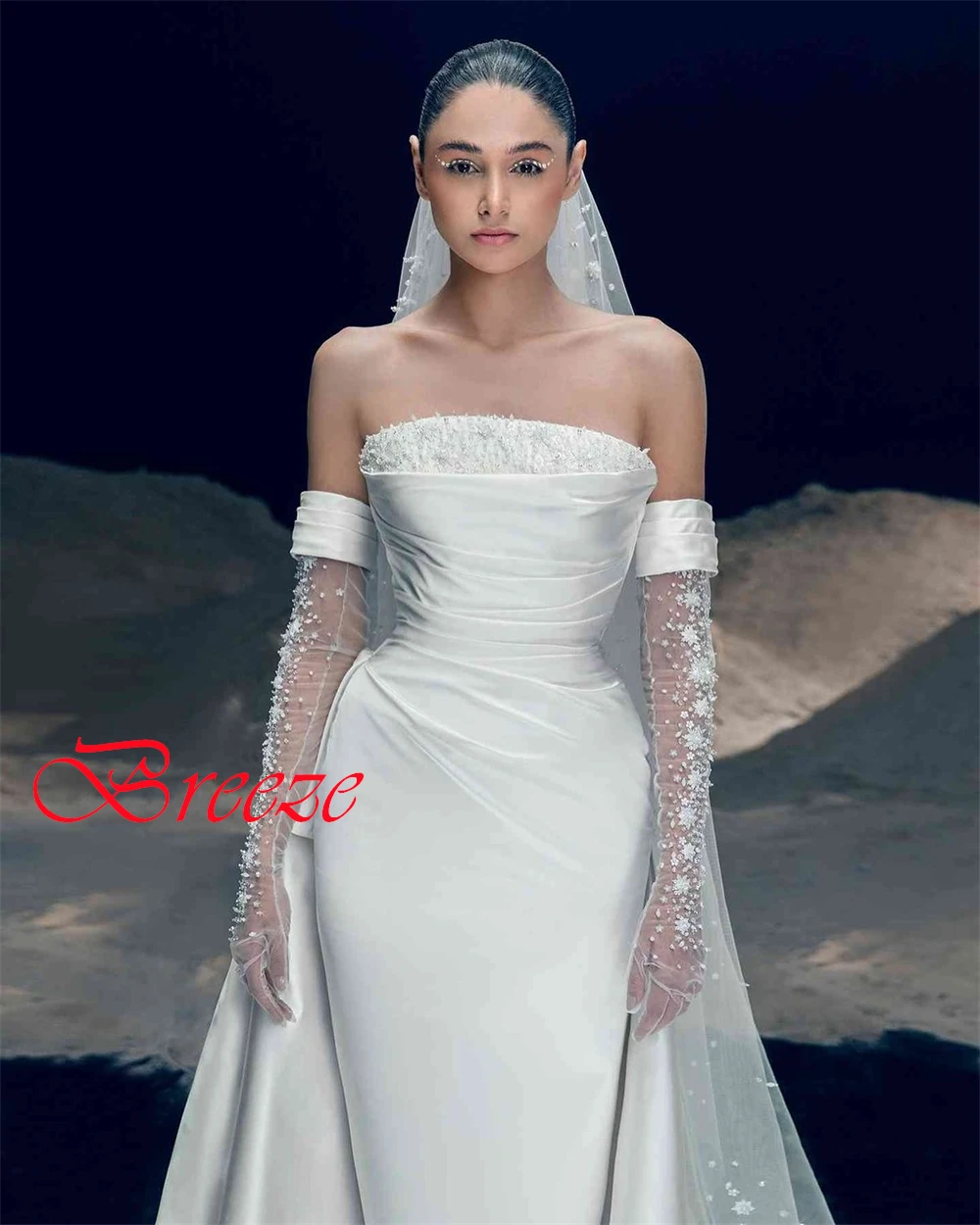Aangepaste sexy witte satijnen trouwjurken eenvoudige strapless afneembare mouw lange mouwen bruidsjurken rugloze zeemeerminjurk