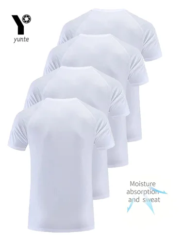 Imagen 2 del producto Camiseta de cuello redondo, paquete de 4, camisa blanca ultraligera de secado rápido para hombre, transpirable, absorbente del sudor, adecuada para fitness, gimnasio y correr