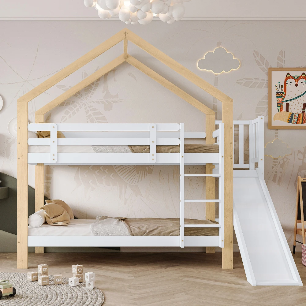 Litera con tobogán y escalera de 3 peldaños, cama tipo casa con sistema anticaída, cama infantil, estructura de cama de madera maciza, blanco+natural