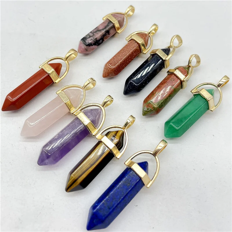 Fashion Natural Gem Stone Quartz Crystal Tiger Eye Hexagonal Pendulum Reiki Pendant Charms DIY Jewelry Making Necklaces 24Pcs