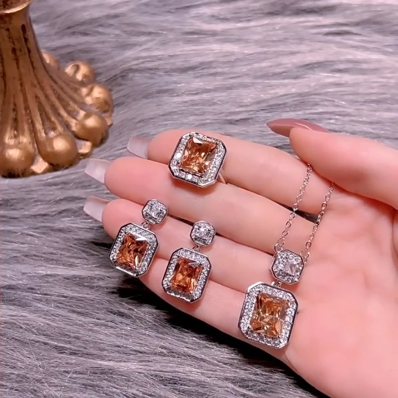 High end square micro inlaid diamonds orange gemstone jewelry sets silver 925 gorgeous dazling necklace earrings for women ring