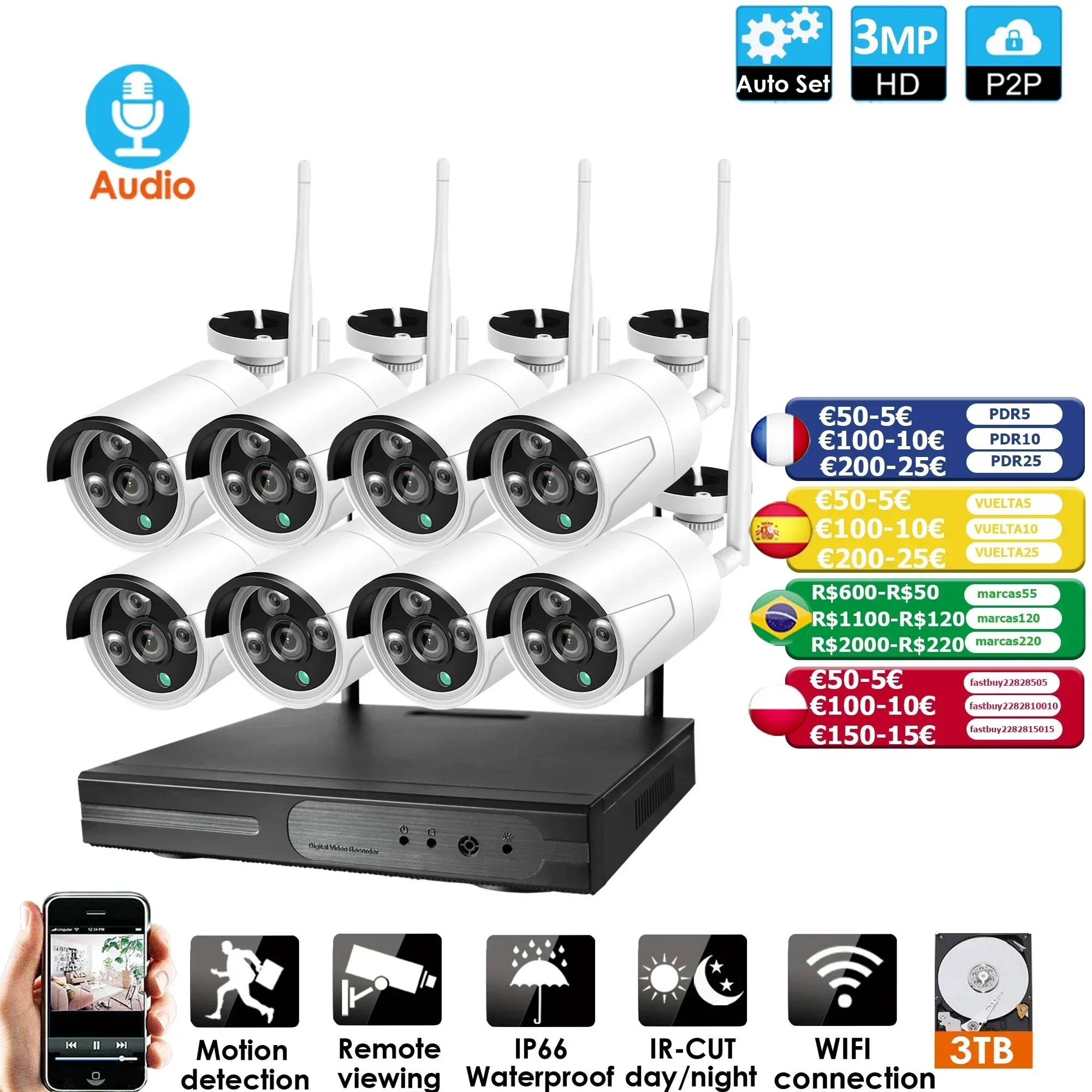 

Top! 8CH Audio CCTV System Wireless 3MP NVR Outdoor Indoor P2P Wifi IP CCTV Security 1080P Network Camera Surveillance Kit