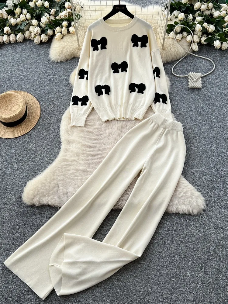 Casual Loose Color Contrasting Bow O-Neck Long Sleeve Knitted Pullover+Elastic Waist Long Pants 2-piece Set Autumn Women's Suit