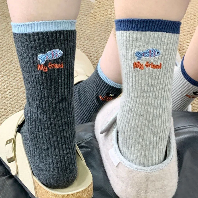 

Новые женские носки с рисунком кота и рыбы, хлопковые дышащие милые мягкие теплые теплые средние носки-трубы, удобные чулки-тапочки