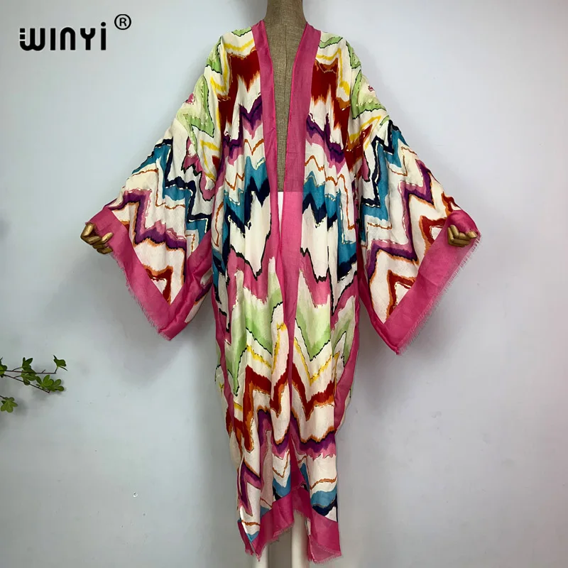 

WINYI Hot stamping stripe print Women coat Loose tassels Long Dress elegant Party Boho beach Holiday Swimming Cover Up Kimonos