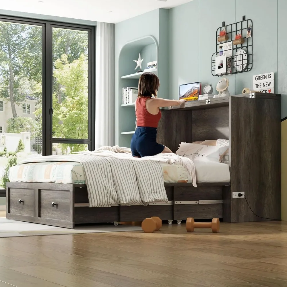 

AMERLIFE Full Murphy Bed with Storage & Charging Station, Farmhouse Murphy Cabinet with Foldable Panel, Noisy Free, for Guest Be