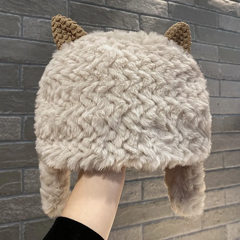 Cute Cartoon Little Sheep Horn Autumn Bonnet Soft Fluffy Ear Protection Cap Winter Lamb Plush Sheep Ear Shape Warm Hat Warmer