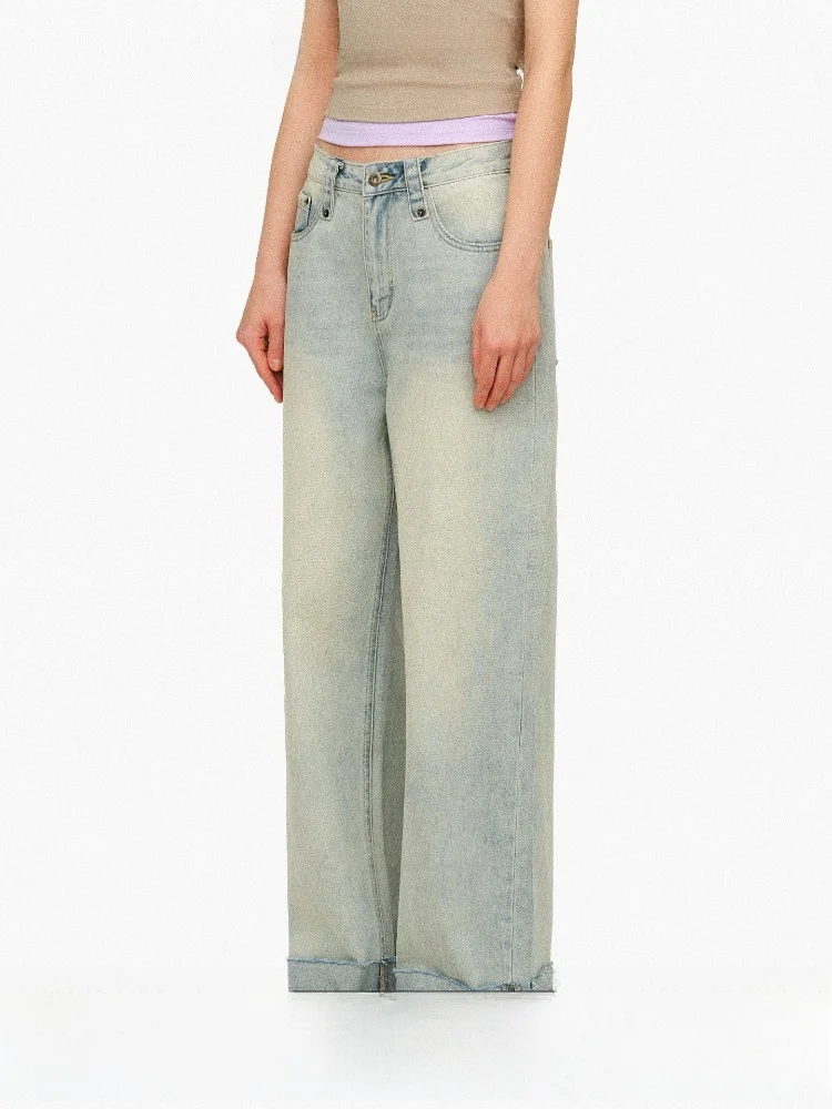 Age of Ascent High Waist Straight Leg Jeans Color Block Weave Belt Cuffed Vertical Bamboo Cotton Blend Women's Denim Pants