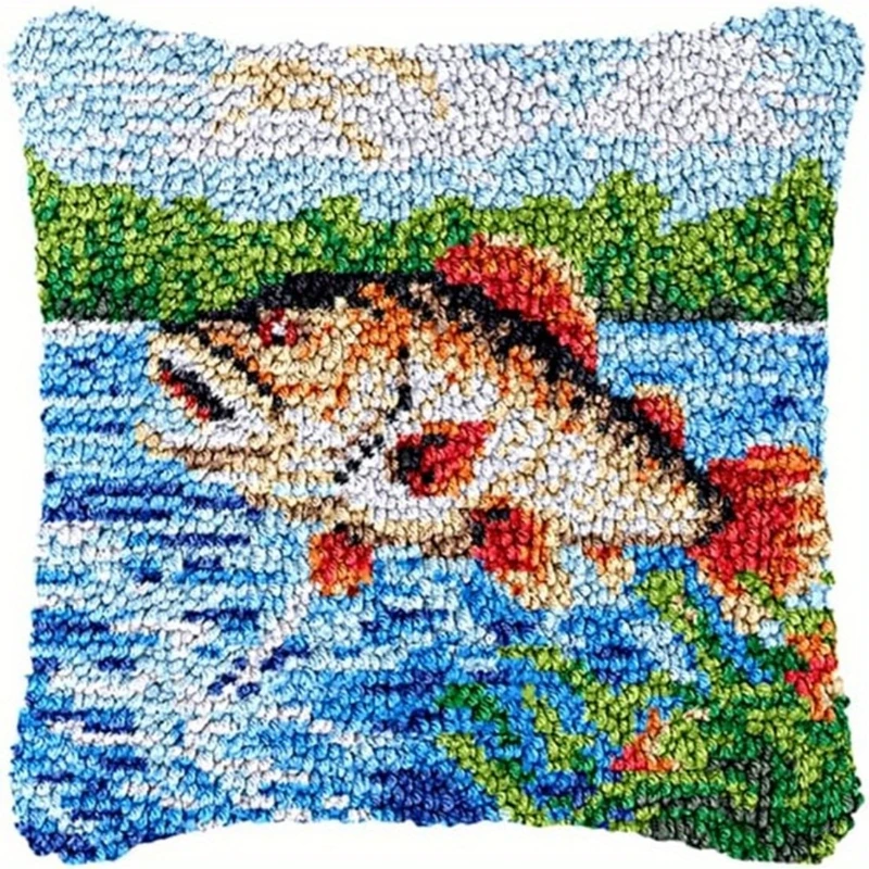 Smyrna Latch Hook Carpet Kit  Animal Embroidery Canvas with Dog Lion Dolphin Design DIY Pillow Buttons Craft Kits for Adults Kid