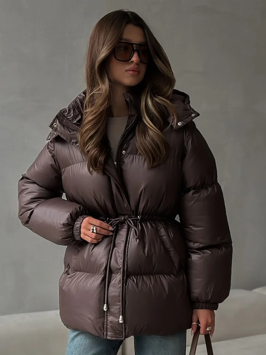 Fmxires 2025 Nuova giacca in cotone slim fit con coulisse Giacca invernale da donna in cotone con cerniera con cappuccio Comoda giacca da pane calda