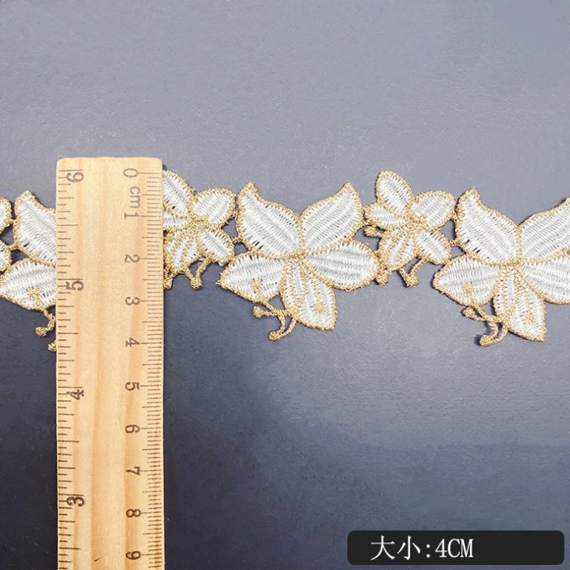 5-20Yds 4cm Wide Golden Wavy Edge White Flower Fabric Diy Wedding Gold Thread Embroidery Lace Accessories Doll Dress,Bra,