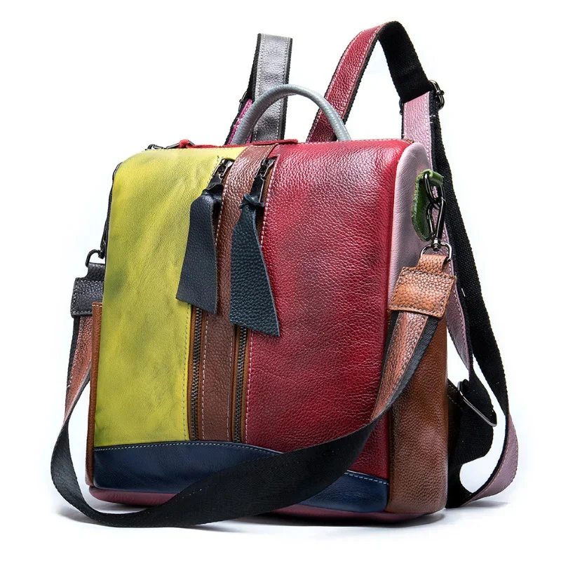 High Fashion Woman Genuine Patchwork Travelling Bagpack Cow Leather Girls School Backpack Female Daypack