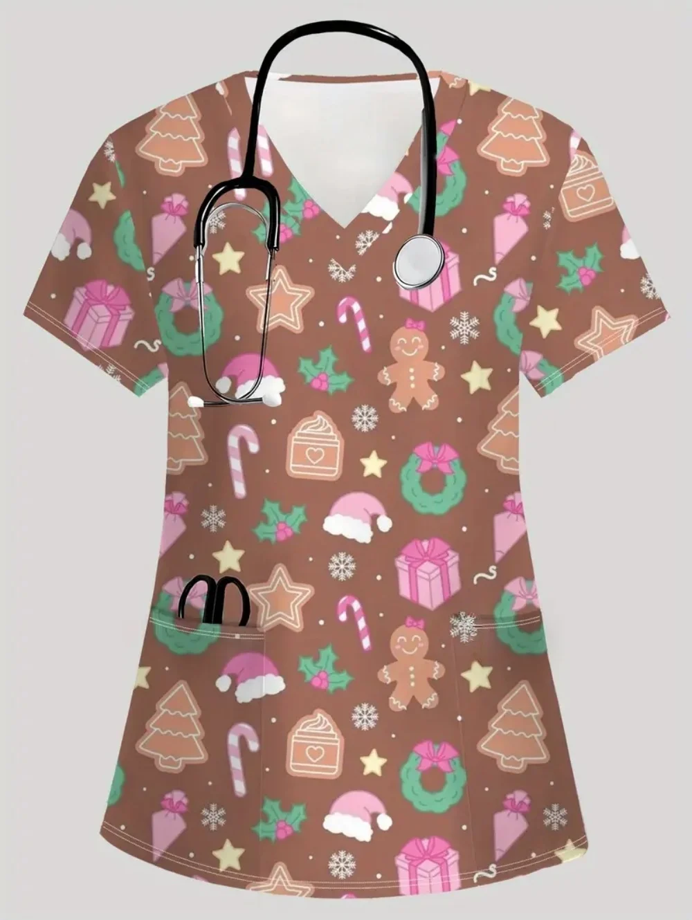 الدعك موحدة امرأة عيد الميلاد سلسلة يطبع سبا الطبيب البيطري الخامس الرقبة قصيرة الأكمام ممرضة الصيف موضة طبيب الأسنان الزي السريري امرأة #5